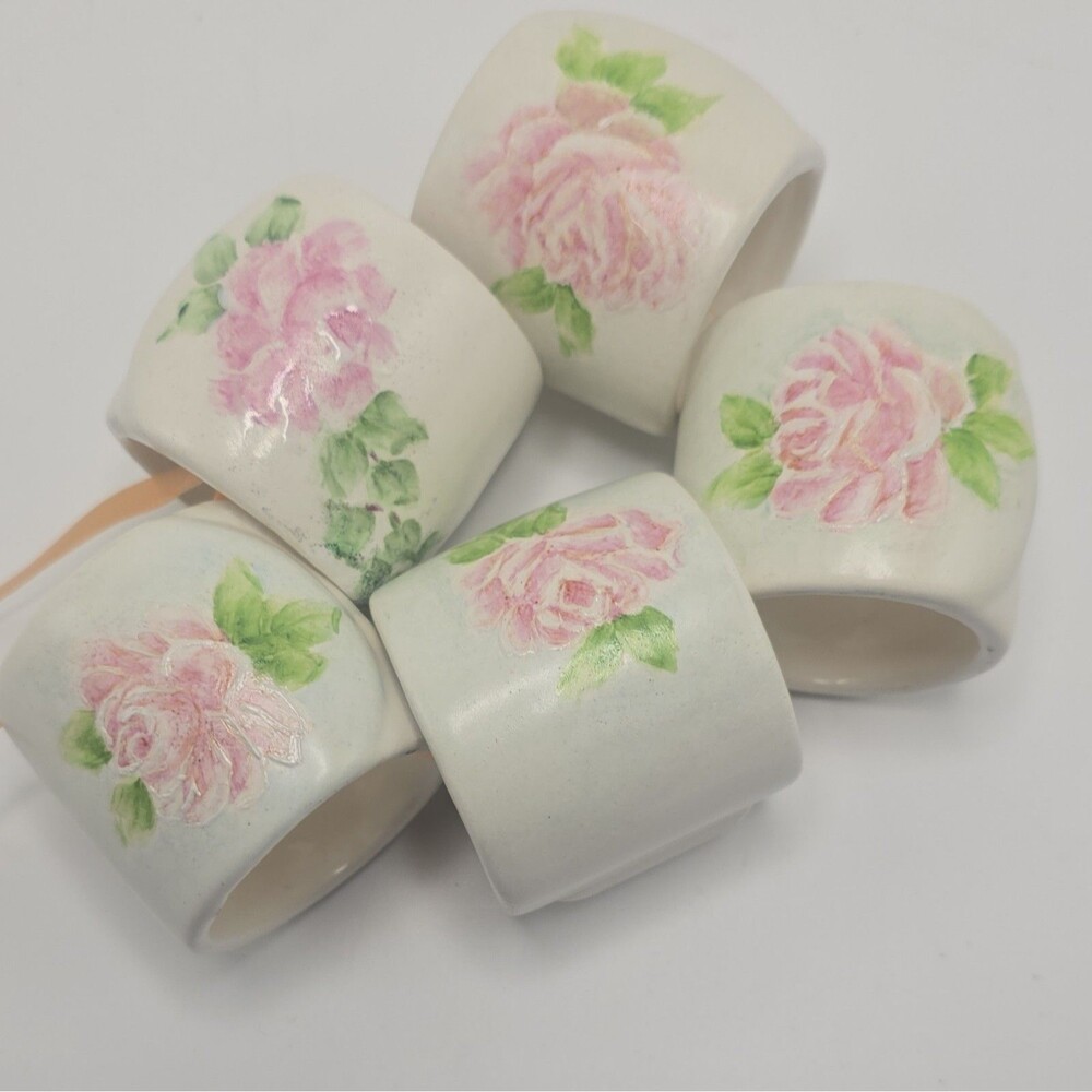 Vintage Hand Painted Floral Ceramic Napkin Rings Set of 5 White Pink Green